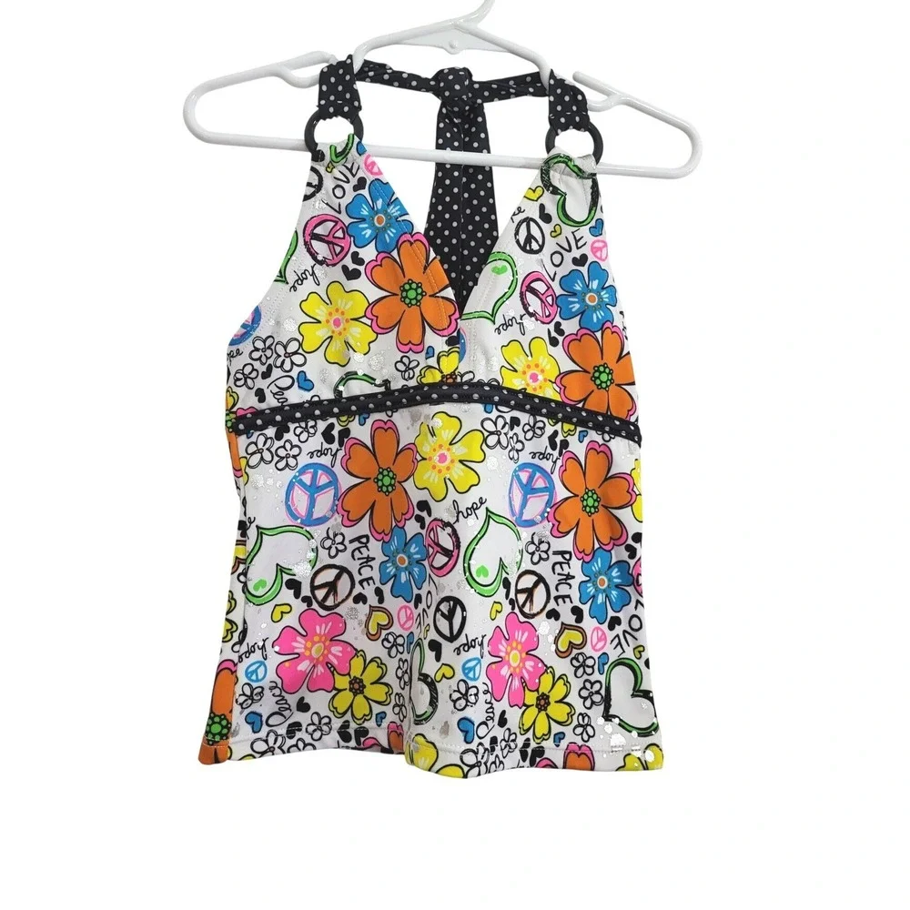 Justice Girls White Black Orange Floral Peace &‎ Love Two Piece Swimsuit 6 NWOT